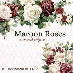 Dramatic Maroon Roses Watercolor Clipart: Deep Red Rose PNG, Luxurious Floral Digital Art for Invitations, Home Decor & DIY Projects