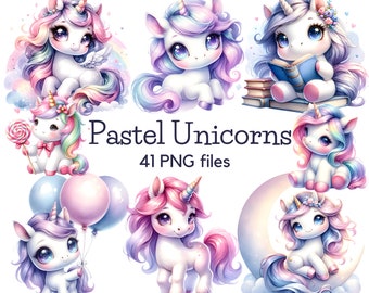 Pastell Einhorn Clipart - süße Aquarell Einhörner PNG, digitaler Download für Party Dekor, Einladungen und Scrapbooking