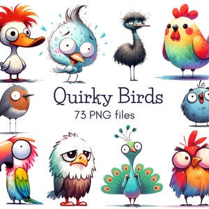 Skurriles Vögel-Clipart-Set – süße und lustige Aquarell-Vögel PNG, digitaler Download für Scrapbooking, Einladungen, Basteln