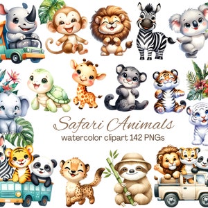 Aquarelle animaux de safari Clipart PNG - téléchargement numérique de la faune de la jungle mignonne - décoration de shower de bébé, art de la chambre d'enfant, scrapbooking