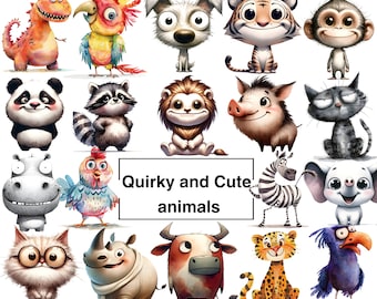 235 imágenes prediseñadas de animales en acuarela con un toque caprichoso: ilustraciones PNG lindas y originales para manualidades, pájaros, perros, gatos, conejos, dinosaurios, descarga digital.