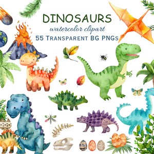 Op de afbeelding: Waterverf clipart set van 55 dinosaurussen met transparante achtergronden. De set bevat een verscheidenheid aan dinosaurussen in verschillende kleuren en poses, waaronder een groene T-Rex, een blauwe dinosaurus met een lange nek en een paarse dinosaurus met stekels. De set bevat ook een verscheidenheid aan andere elementen, zoals een vulkaan, een palmboom en een vlinder.