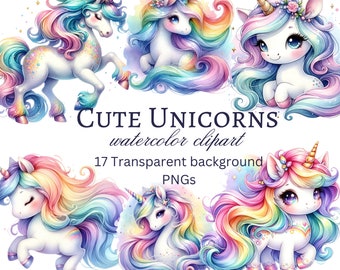 Whimsical Unicorn Clipart: Watercolor PNG, Cute Unicorn Graphics for Invitations, Scrapbooking & DIY Crafts, Magical, Fantasy illustrations