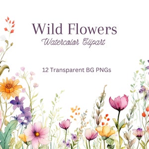 Clipart ad acquerello con bordi rustici di fiori selvatici: PNG di fiori selvatici vibranti, arte digitale ispirata alla natura per inviti, diari e decorazioni