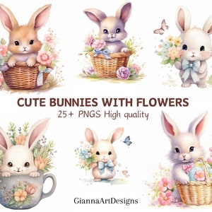 Watercolor Bunny and Flowers Clipart: Cute Rabbit PNG, Flowers Watercolor Graphics for Easter, Spring Crafts, Instant Download Digital Art