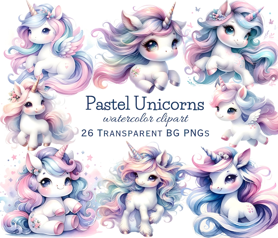 Pastel Watercolor Unicorn Clipart - Adorable PNG Unicorns for Birthday ...