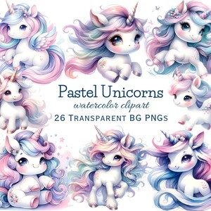 Pastel Watercolor Unicorn Clipart - Adorable PNG Unicorns for Birthday ...