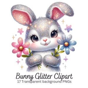 Sparkling Bunny Glitter Clipart: Shiny Rabbit PNG, Festive Spring Digital Art for Crafts, Invitations & Decor, Floral rabbit