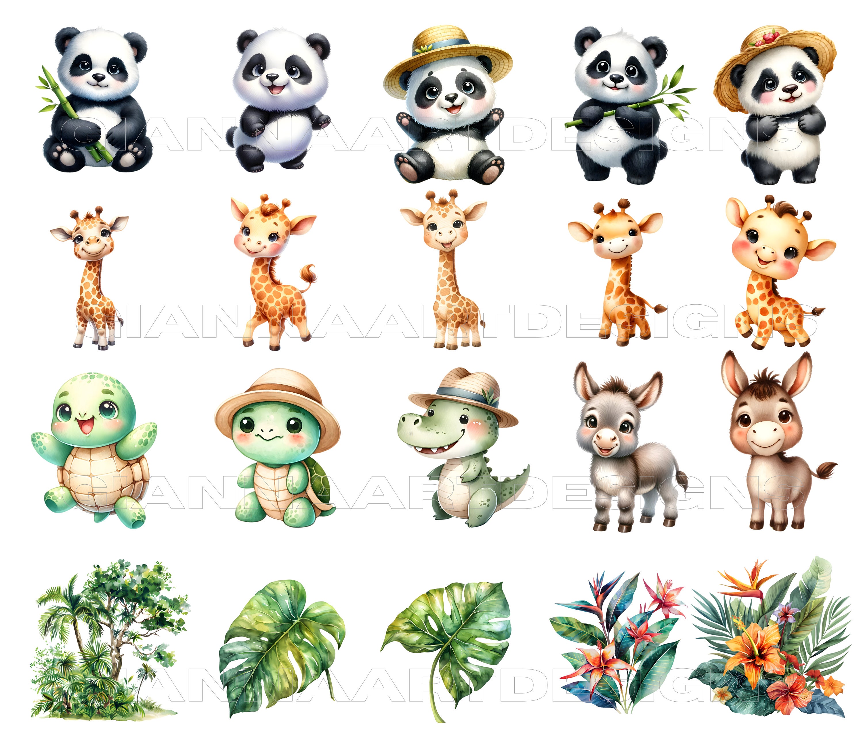 Watercolor Safari Animals Clipart PNG - Cute Jungle Wildlife Digital ...