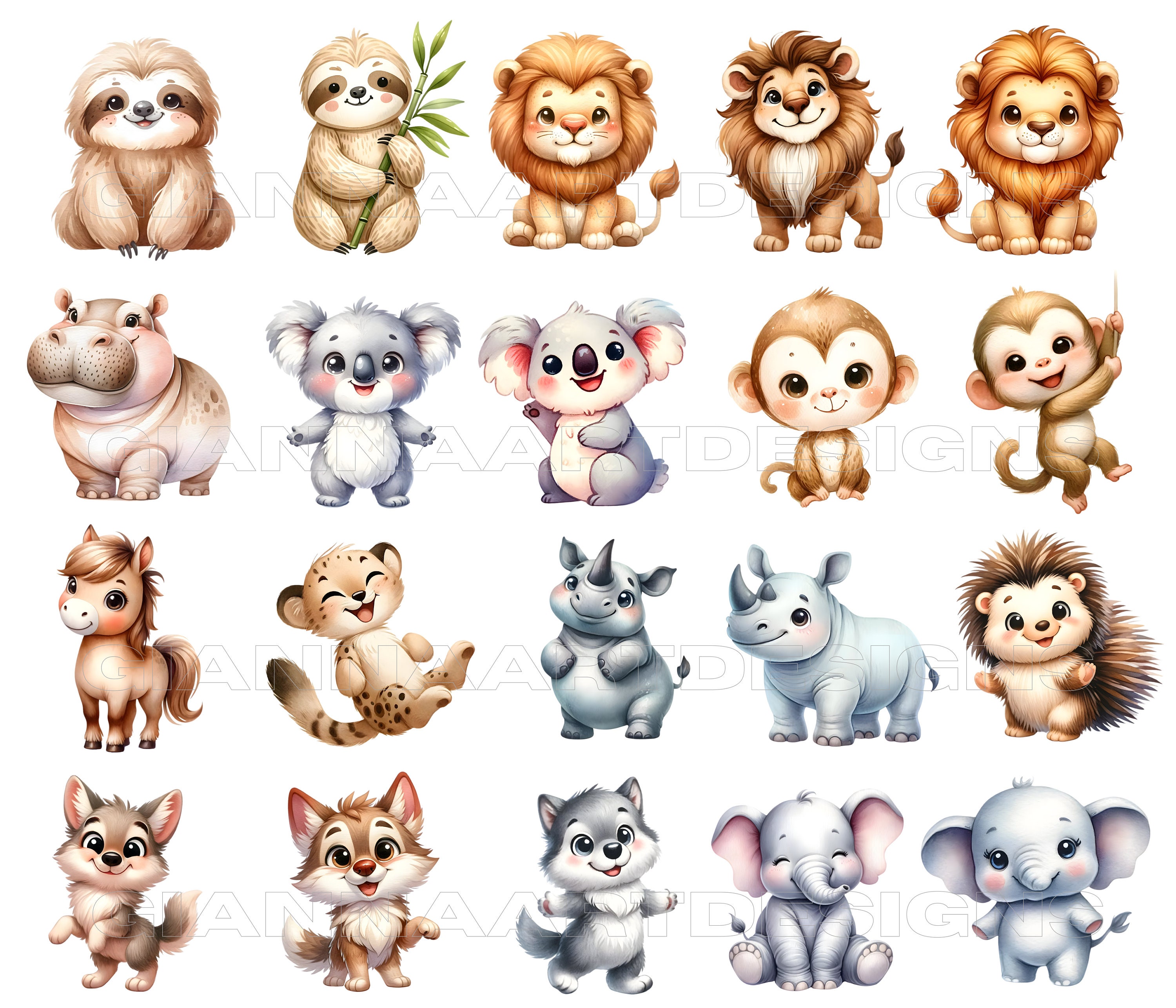 Watercolor Safari Animals Clipart PNG - Cute Jungle Wildlife Digital ...