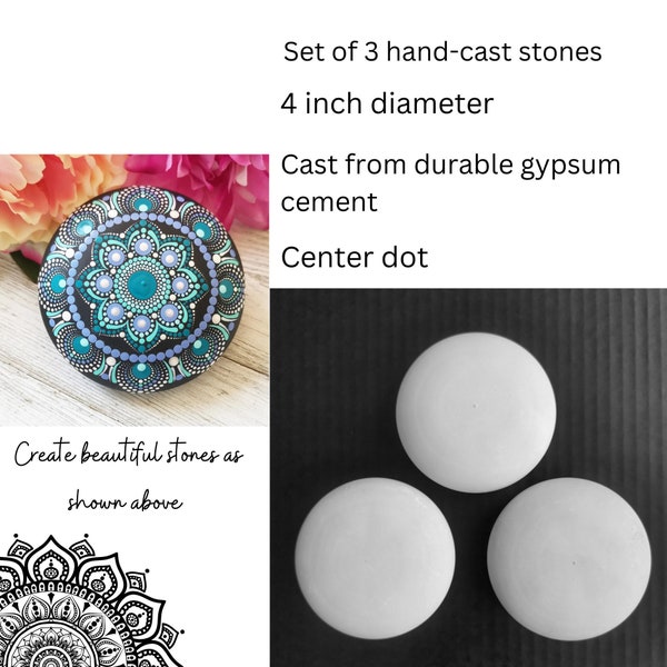 Set of 3- 4" inch Blank Stone for Painting| Hand-Cast Stone| Mandala Painting| Rock Art| Boho Decor| Gift Idea| Holiday| Paperweight| Garden