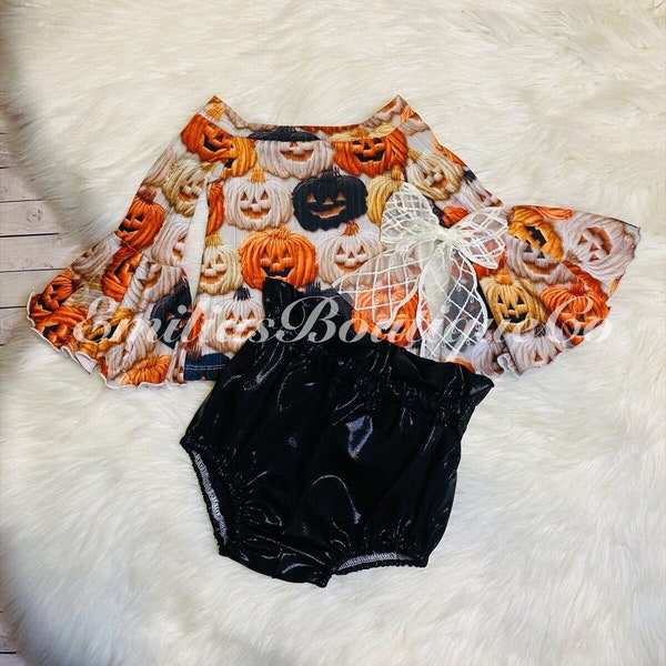 Halloween Pumpkins Bell Sleeve Top and Shimmer Bloomers|Leotard|Oversized|T-shirt|Bummies|Crop|Sweater Romper