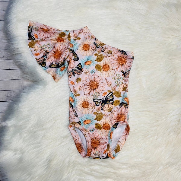 Floral Butterfly One Shoulder Flutter Sleeve Leotard|Peplum|Halter|Bummies|Shorties|Sweater Romper