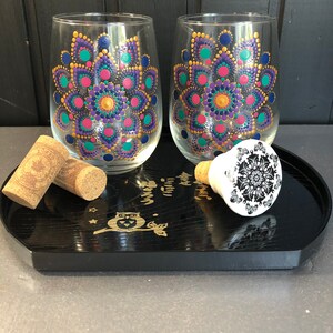 Dot painted mandala wine glasses