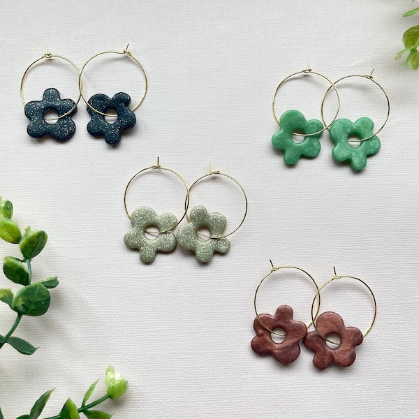 Groovy Hoops - Handmade clay earrings, Hypoallergenic hoop earrings, Flower earrings, SpongeBob sky inspired, Gifts for her, Gifts for BFF