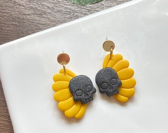Skull Sunflower Earrings, Handmade Clay Half Flower Dangles, Gift for Her BFF