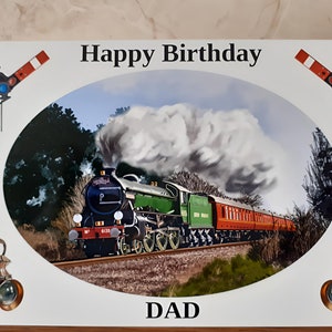 Steam Train Birthday card Dad him husband railway enthusiast hand drawn steam train signals oil can lantern train driver can be personalised