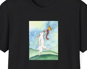 Judgement from the Rabbit Tarot - Tee Shirt- White Rabbit Blowing a Trumpet Watercolor Design, Unisex Softstyle T-Shirt, Rabbit Tee Shirt