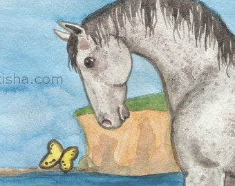 Original Art - The Queen of Cups- One of a Kind, Hand Painted Watercolor Horse Painting for The Riderless Tarot Deck, Gray Horse & Butterfly