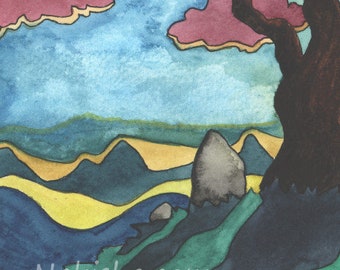 Shadow - Original Painting from Nakisha's Oracle Card 28, Hand Painted One of a Kind Artwork Showing Landscape and Late Afternoon Sky