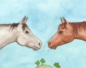 Original Art - The Two of Cups - One of a Kind Watercolor Horse Painting on Paper made for The Riderless Tarot, Hand Painted Horse Wall Art