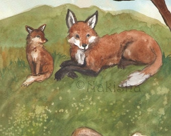 Original Art - The Ten of Foxes - Watercolor Fox Painting -The Badgers Forest Tarot, Hand Painted, One of a Kind, Original Wall Art, Mother