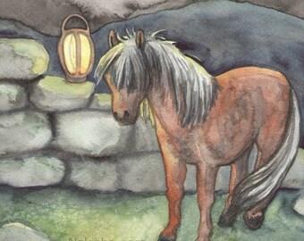 Original Art - The Hermit - Watercolor Horse Painting -The Riderless Tarot, Hand Painted Shetland Pony by Lantern, Original Signed by Artist