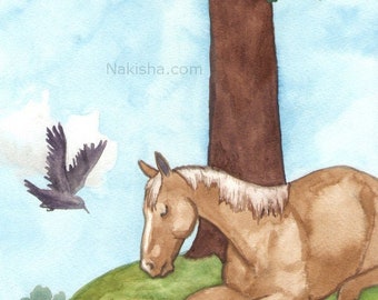 Original Art - The Four of Cups - One of a Kind Watercolor Horse Painting - for The Riderless Tarot, Hand Painted Original Horse and Birds