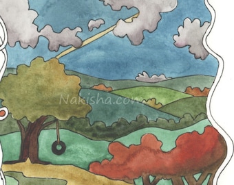 Play - Original Painting Made for Nakisha's Oracle, Card 38, Showing a Landscape with Blue Sky, Tire Swing, One of a Kind, Hand Painted Art