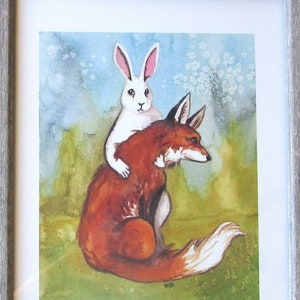 Strength from the Rabbit Tarot - Bunny and Fox - Fine Art Print - Rabbit Art, Tarot Art, Fox Painting, Bunny Painting, Wall Art, Watercolor