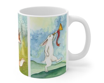 Rabbit Tarot - 3 Image Mug 11oz - Tarot Art Coffee Cup Mug, Cute White Rabbits from the Rabbit Tarot, Colorful Watercolor Art, Animal Cup