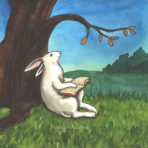 Tree from the Rabbit Oracle - Fine Art Print- Cute White Rabbit Reading under a Tree- Based on Original Hand Painted Watercolor Art, Signed