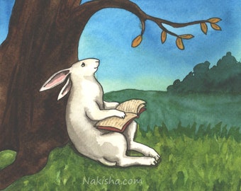Tree from the Rabbit Oracle - Fine Art Print- Cute White Rabbit Reading under a Tree- Based on Original Hand Painted Watercolor Art, Signed