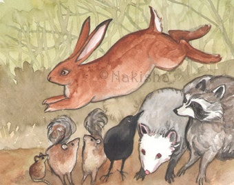 Original Art -The Six of Rabbits - Watercolor Rabbit Painting -The Badgers Forest Tarot- Hand Painted Watercolor Illustration, One of a Kind