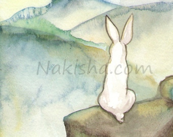 The Hermit from the Rabbit Tarot - Fine Art Print from Original Watercolor Painting, White Rabbit Looking at Landscape, Bunny Lover Gift