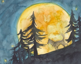 Original Art - The Moon - Watercolor Wolf Painting -made for The Badgers Forest Tarot, One of a Kind Original Art, Hand Painted, Wildlife