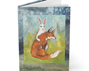 Strength from the Rabbit Tarot Hardcover Journal- Blank Notebook with Bunny and Fox on the Cover, Tarot Art, Handbound Cover Bunny Gift Idea