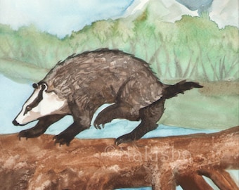 Original Art - The Six of Badgers -Watercolor Badger Painting from The Badgers Forest Tarot, Hand Painted Watercolor on Paper, One of a Kind