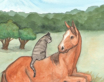 Original Art - Strength - One of a Kind Watercolor Horse Painting made for The Riderless Tarot - Chestnut Horse and Tabby Cat, Animal Art