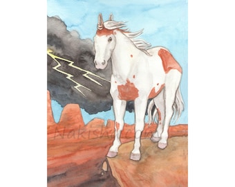 Original Art - The Tower - Watercolor Horse Painting - The Riderless Tarot, Hand Painted Unique Horse Illustration, Pinto Paint Horse, Storm