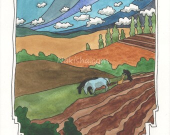 Original Painting from the Nakisha's Oracle - 39 - Work , Original Watercolor Wall Art, Oracle Painting, Horse and Plow, Landscape Art, OoAK
