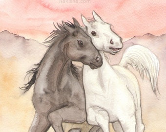 Original Art - The Chariot - Watercolor Horse Painting created for The Riderless Tarot, Black and White Horses Running in the Desert Sun