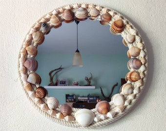 ZEN Küstenmuschelspiegel für Wanddekoration / runder gemütlicher Spiegel für die Wand / Spiegel mit natürlichen griechischen Muscheln / Muschelspiegelkunst