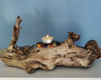 Rustic Driftwood Candle Holder with Colourful Beach Stones/ Tabletop Candleholder from Greece/ Natural Candleholder 100% Handmade