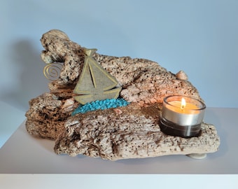 Natural Driftwood Candle Holder  with Boat/ Driftwood Candle Holder for Tabletop/ Coastal & Nautical Candle Holder from Greece