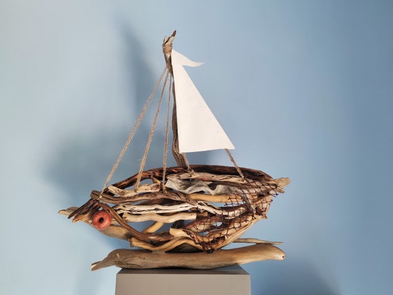 Large Handmade Driftwood Boat for Tabletop Decoration/ Natural and