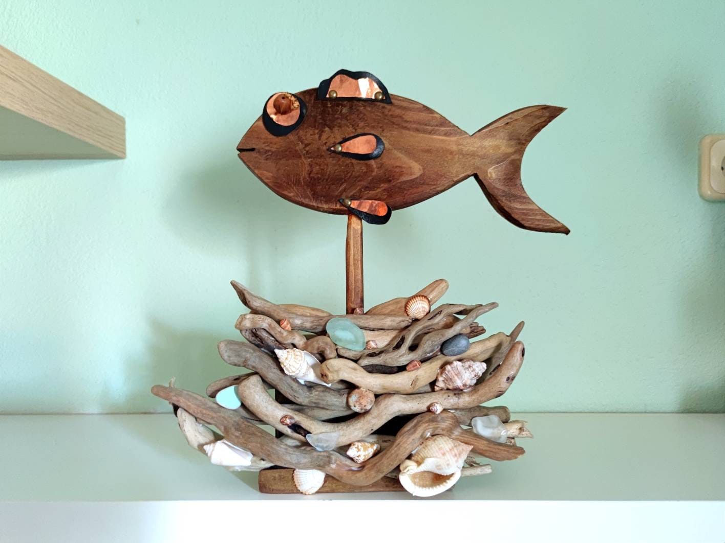 Wooden Fish Decor Hanging, Wood Fish Decorations for Wall, Rustic Nautical Fish Decor for Beach Theme, Home Decoration Fish Sculpture Home Decor for