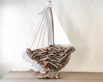 XL Driftwood Boat for Tabletop Decoration/ Large Handmade Sailboat from Greece/ Artistic Driftwood Boat Nautical Decor/ Boat Art Decor