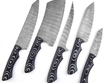 Hand Forged Damascus Steel Chef Knife Set: 5-Piece Kitchen Knives & Leather Roll
