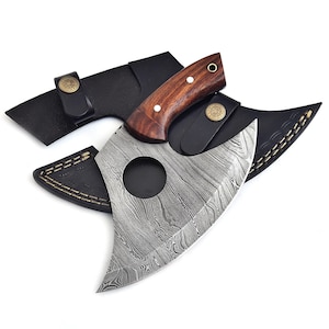 Alaskan Ulu Knife With Sheath - Handmade Damascus Steel 6&quot; Pizza Cutter Knife  - vegetable Chopper Kitchen Knife - Chef Cutter - Unique Gift